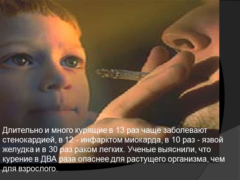 Длительно и много курящие в 13 раз чаще заболевают стенокардией, в 12 - инфарктом